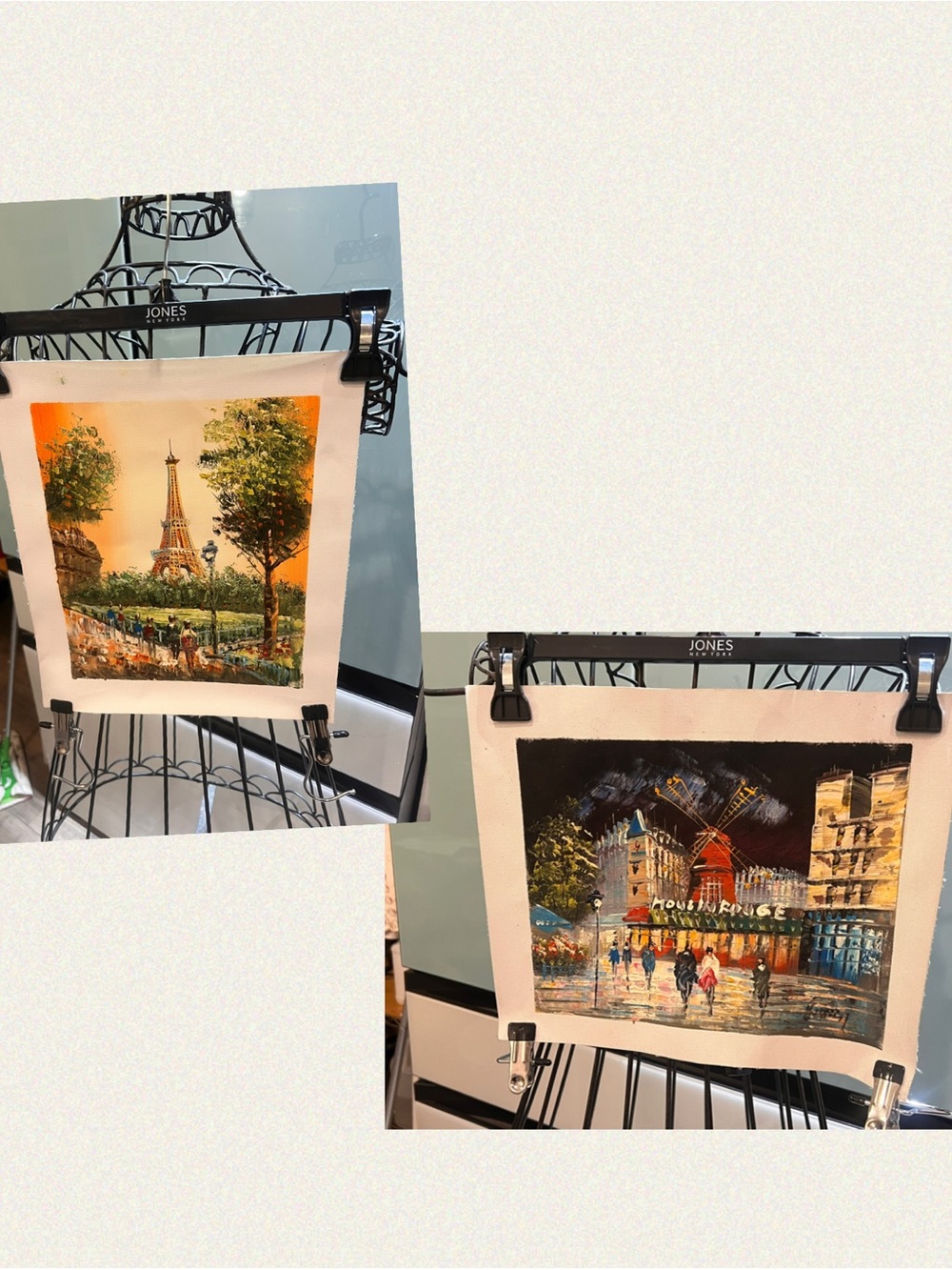 Vintage Parisian Oil Paintings on Canvas - Set of 2-Eiffel Tower & Moulin Rouge